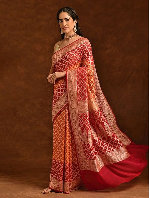 Handwoven Orange Banarasi Bandhej Georgette Saree