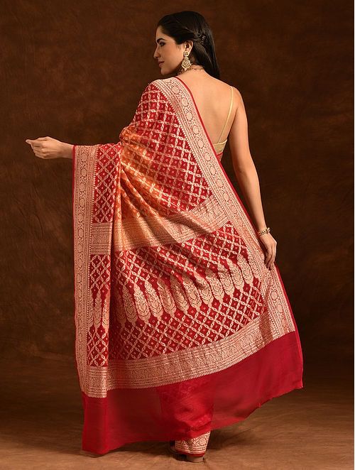 Handwoven Orange Banarasi Bandhej Georgette Saree